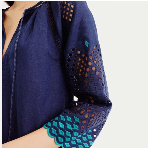 J. Crew Linen Caftan Cover-up Midi Dress Size S Nay Blue Navy Blue Side Slits - Picture 14 of 15